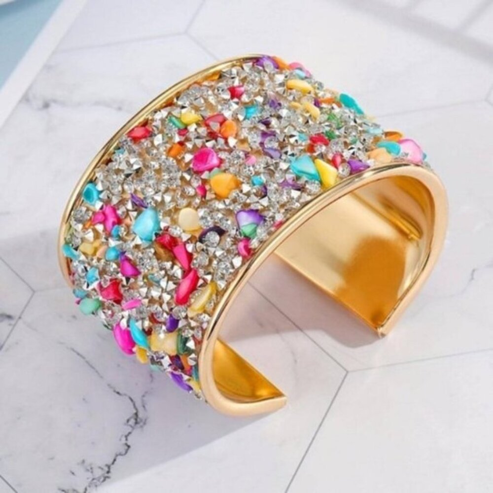 Boho Colorful Stone Rhinestone Inlaid Cuff Bracelet